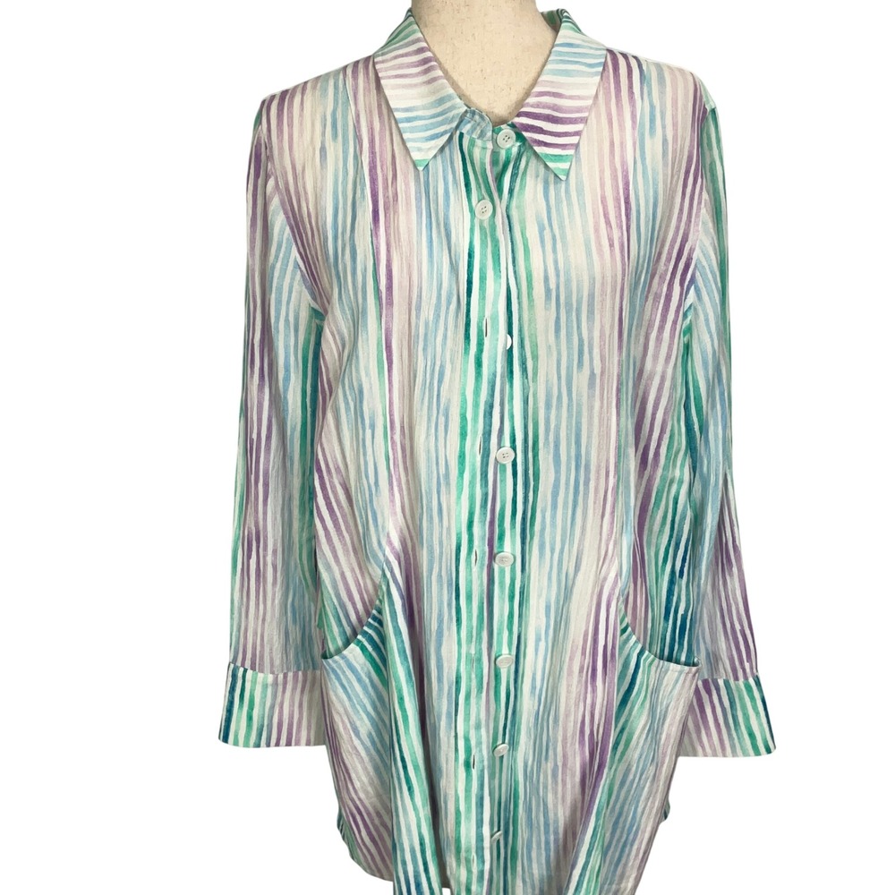 Soft Surroundings Shirt Women XLarge Purple Stripe Shacket Top Tunic Boho Jacket